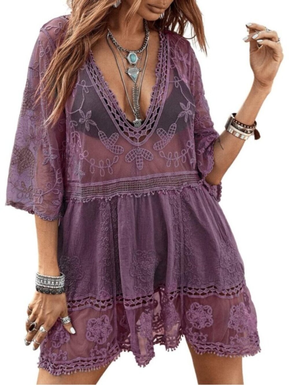 🆕Women's Purple Rayon V-Neck Coverup Sheer Mesh Lace Bathing Suit Swimsuit